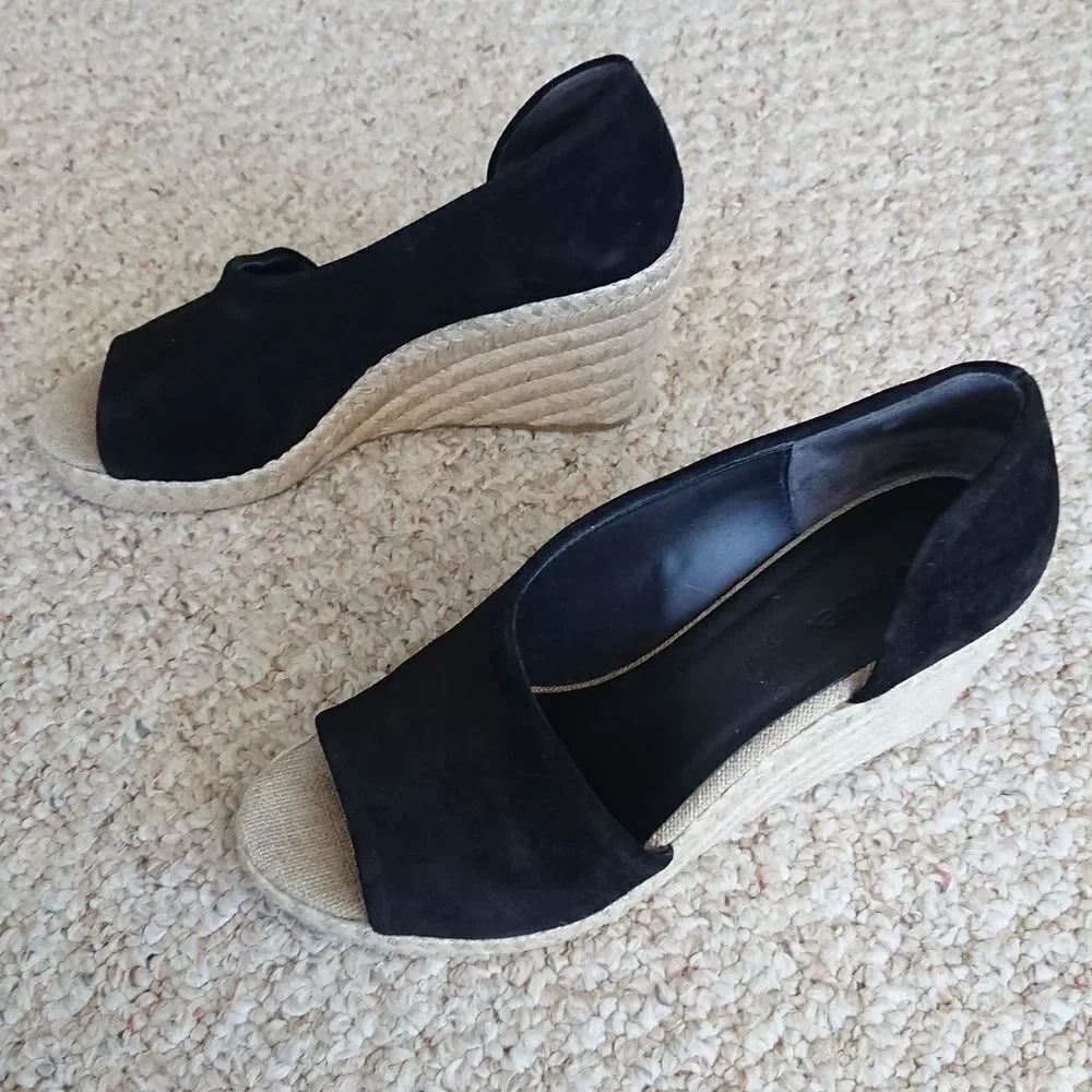 VINCE Sonora Black Suede D'orsay Jute Platform Wedge Sandal size 8.5 M